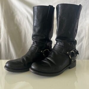 Black Frye Round Toe Mid-calf Moto Harness Boots